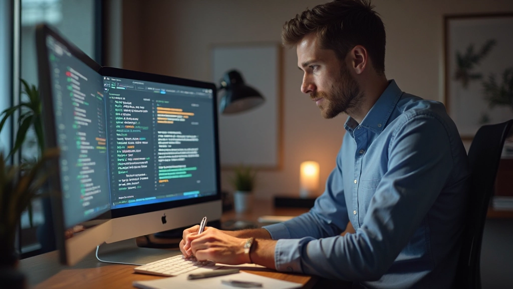 Close-up foto van computer scherm met verschillende lettertypen weergegeven, designer maakt aantekeningen, kantoor setting met warm licht