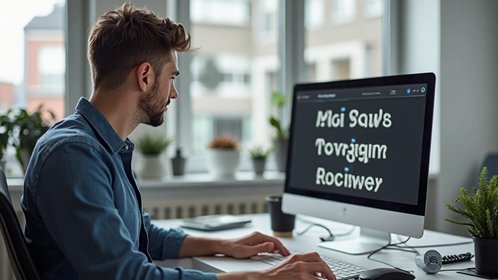 Professionele foto van designer die aan typografie werkt, computer toont verschillende lettertypen, modern kantoor met natuurlijk licht, wazig achtergrond