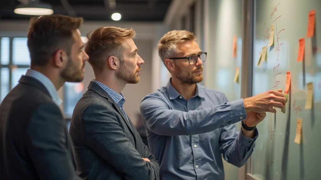 Team van UX-professionals die onderzoeksresultaten bespreken rond een whiteboard met notities