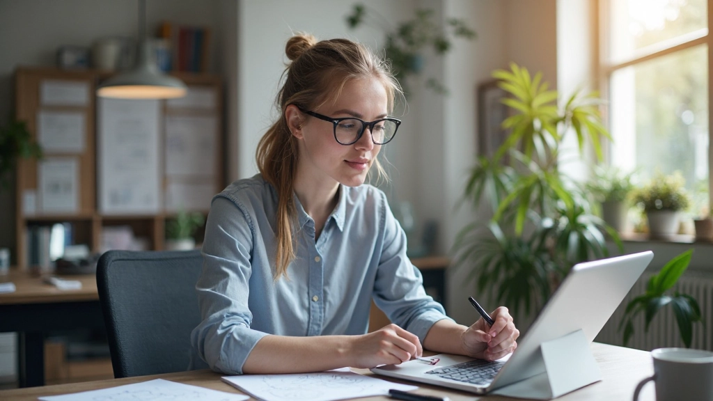 Professionele afbeelding van UX designer aan het werk op moderne werkplek met wireframes en prototypes