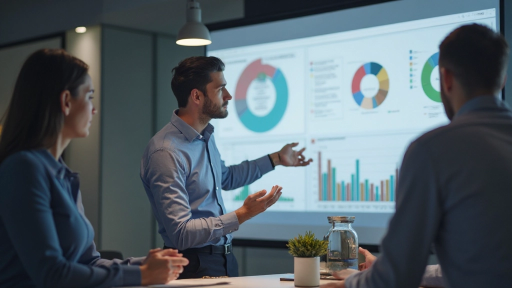 Designer die user research bevindingen presenteert aan team met grafieken en user personas op groot scherm