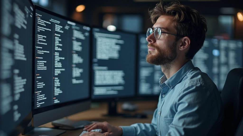 Vergelijking van verschillende lettertypen op computer scherm, designer bestudeert vormen van letters, studio verlichting