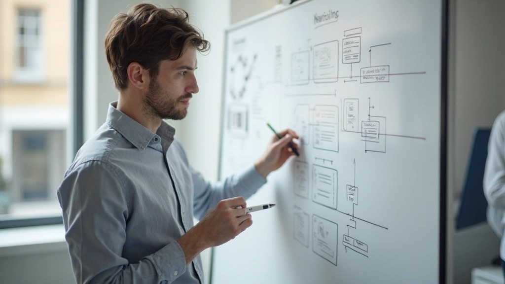 Professionele foto van een UX-designer die een wireframe van navigatiestructuur schetst op een whiteboard in een modern kantoor